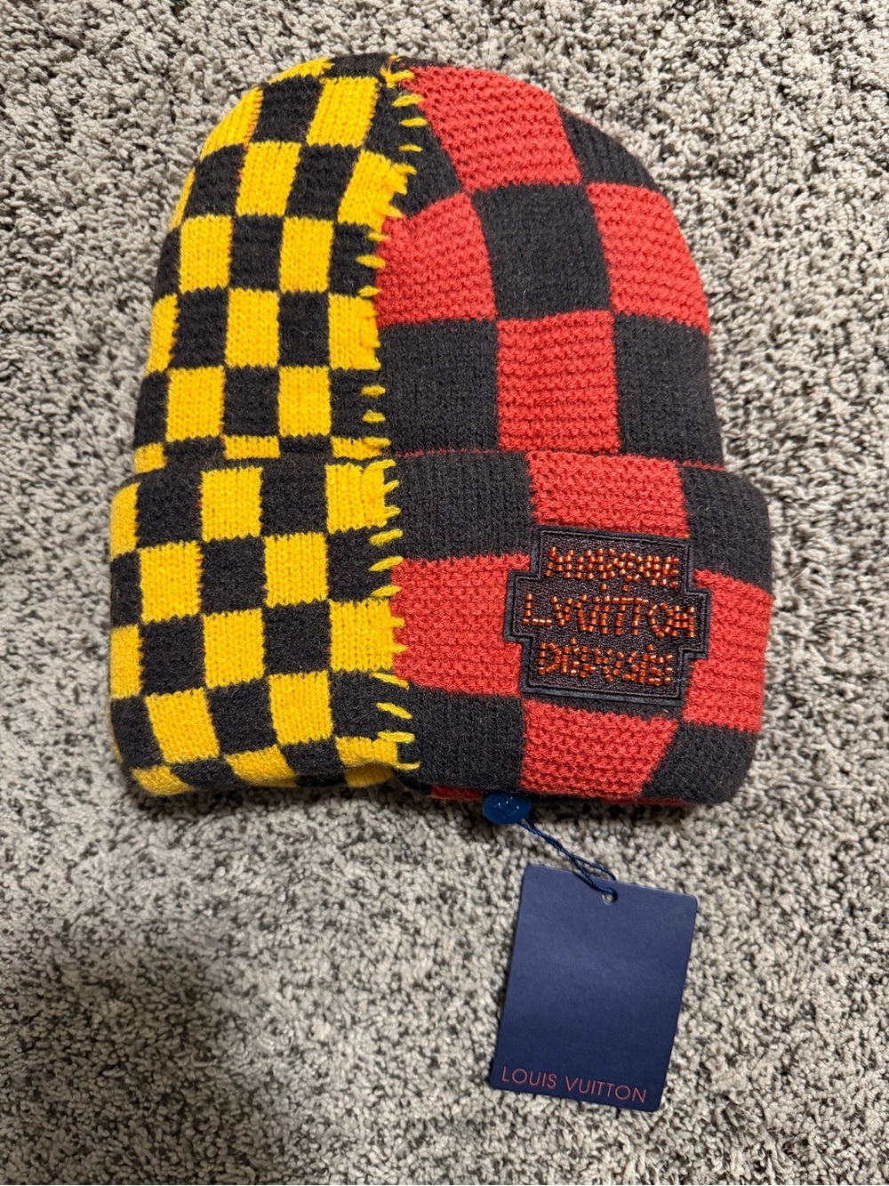Louis Vuitton Checkerboard Knit Beanie - Yellow & Black with Red Accents